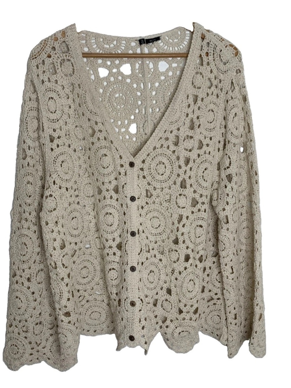 Forgotten Grace Crochet Knot Button Front Cardigan Sz XL Boho Scallop Hem Sleeve - Picture 2 of 11